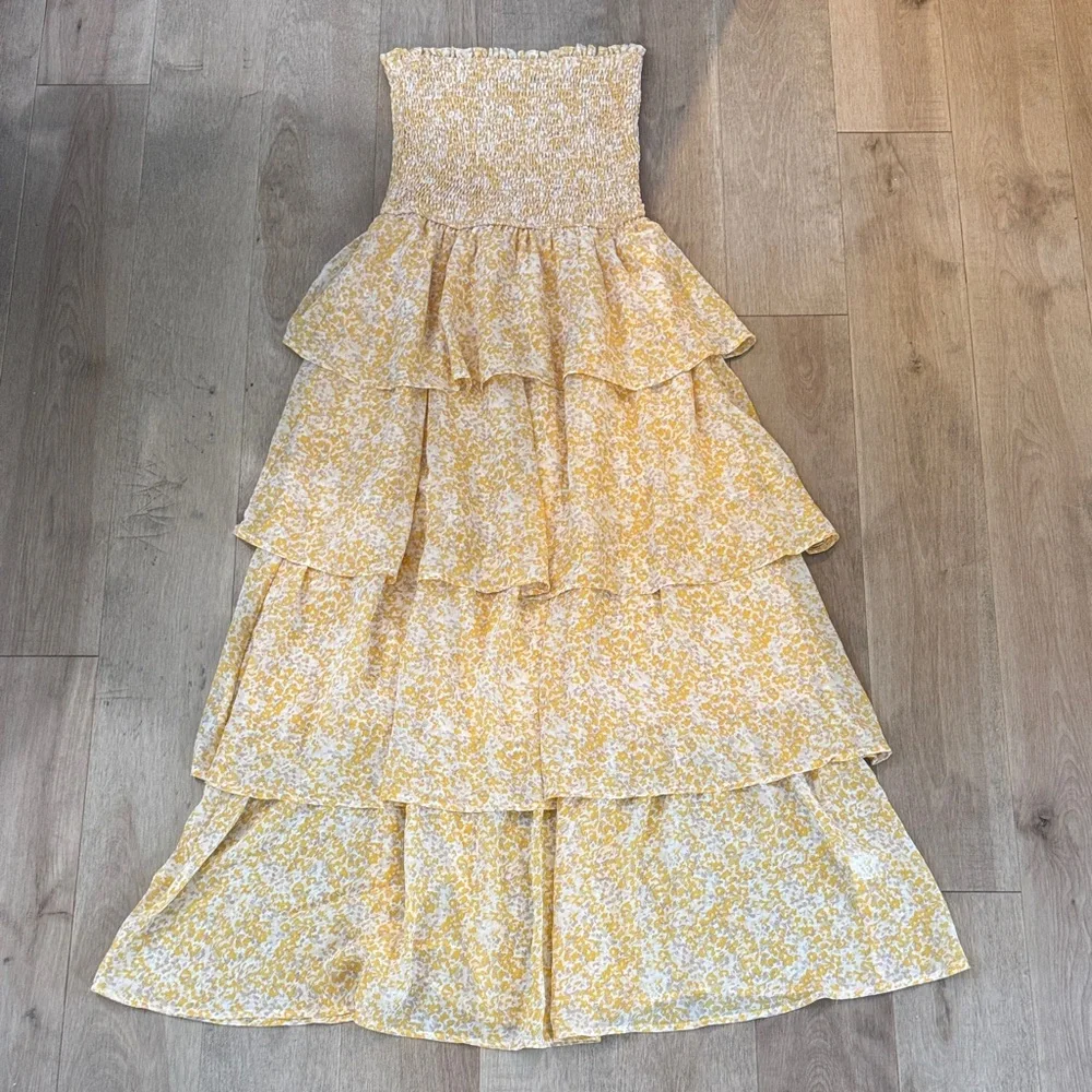 Smocked Flowy Yellow Floral Strapless Maxi Dress - Picture 2 of 8